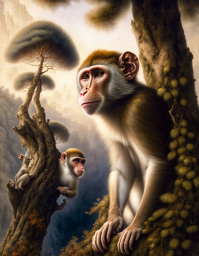 Realistic Adult and Baby Monkey Illustration in Misty Forest