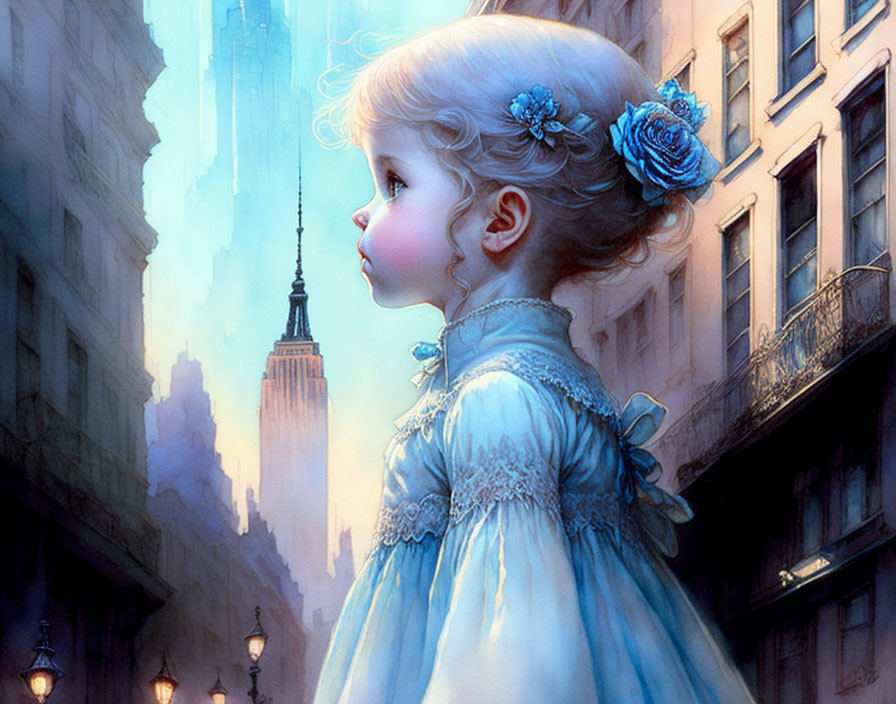 Young girl in vintage blue dress admires towering cityscape with flower adornments.