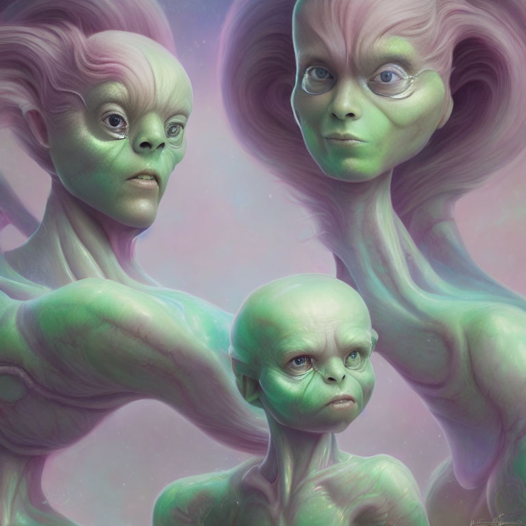 Green-skinned humanoid aliens with enlarged craniums in nebulous backdrop