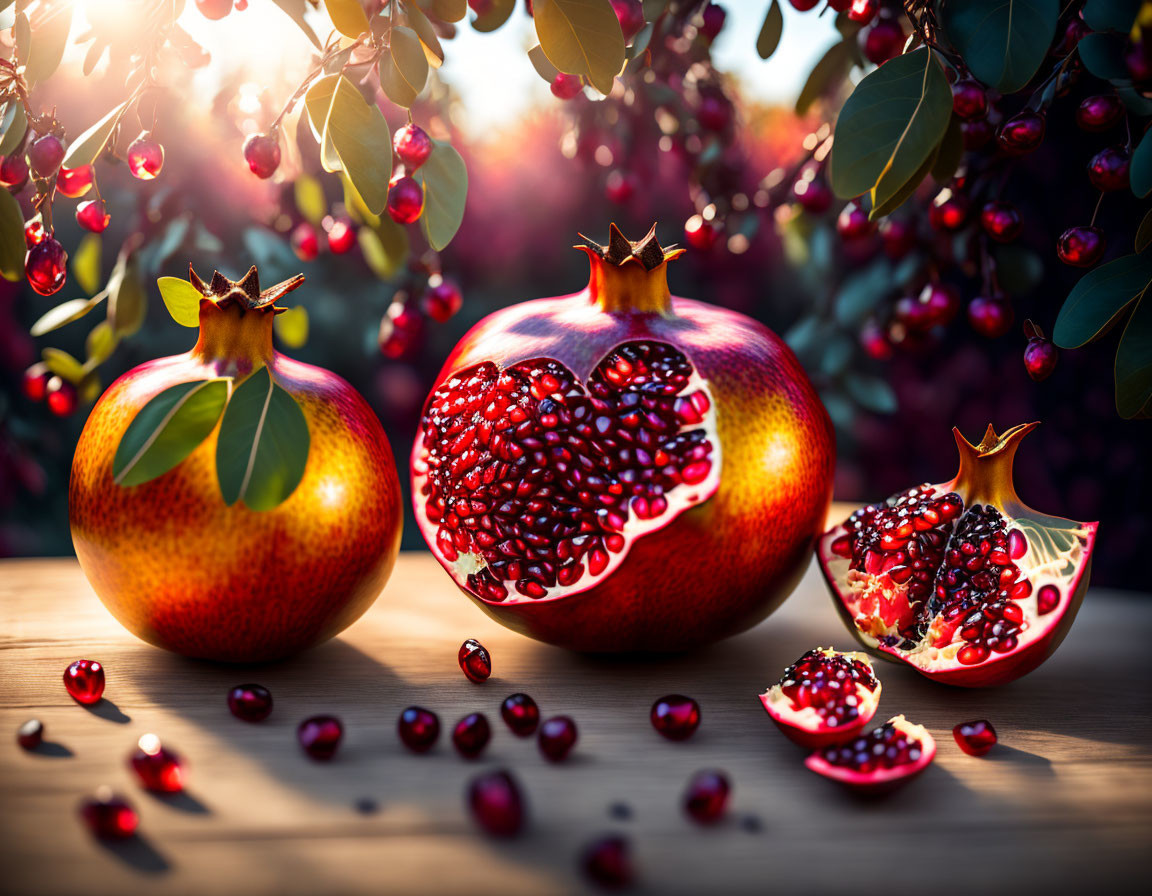 Fresh Pomegranates: Whole and Sectioned with Arils in Sunlit Setting