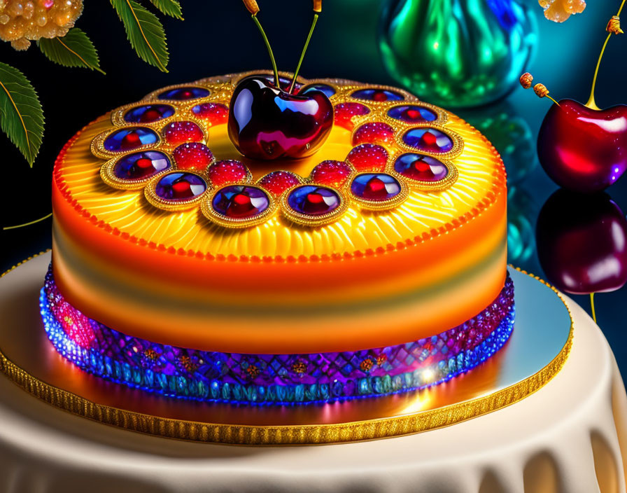 Colorful Decorated Cake with Orange Glossy Top and Fruit Decorations