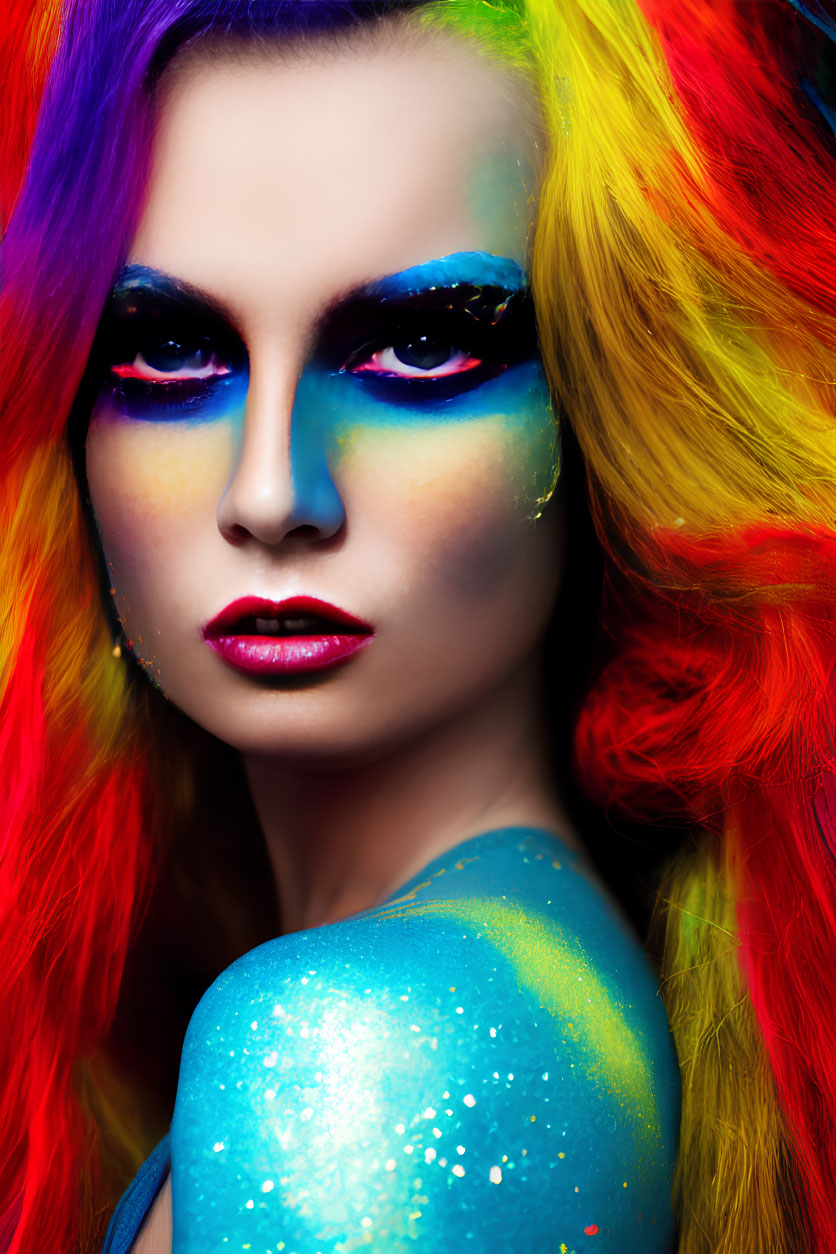 Vibrant rainbow-colored hair and bold, colorful makeup with blue eyeshadow and glitter.