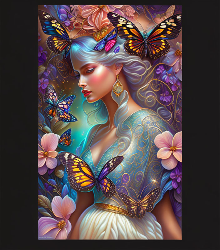 Fantasy-style digital art of woman with blue hair among vibrant butterflies and flowers