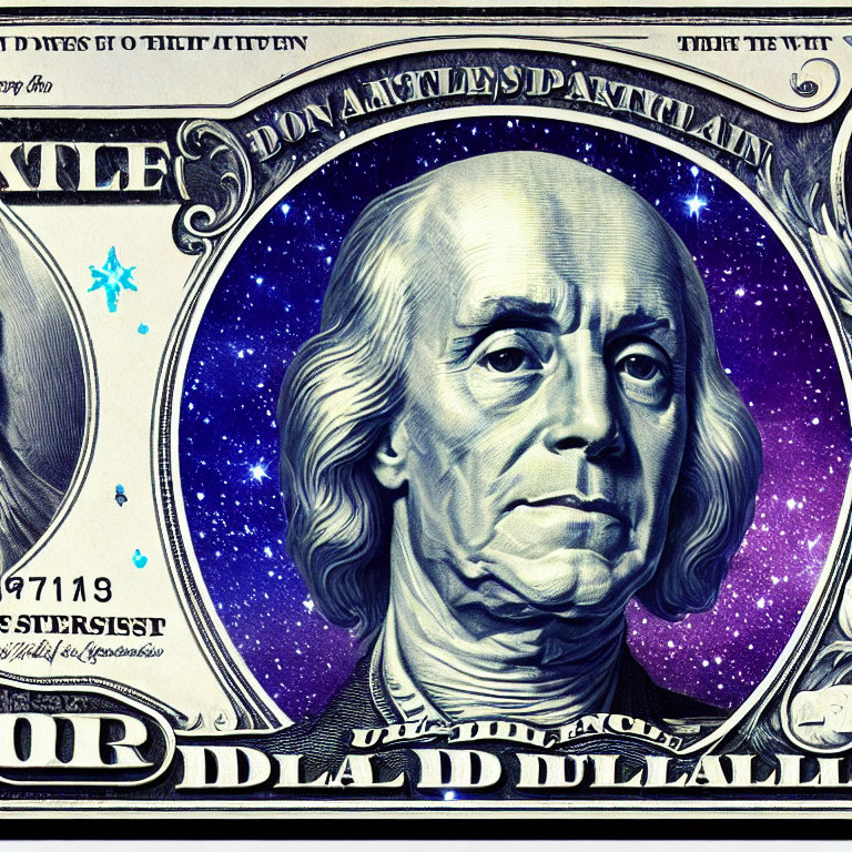 Vibrant $100 Bill Artwork with Starry Night and Cosmic Motifs