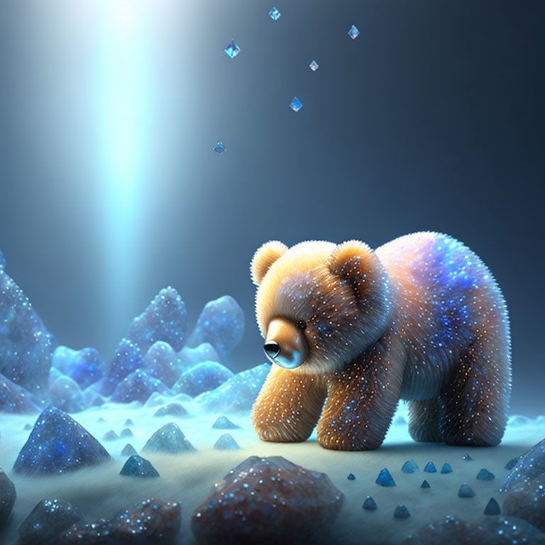 Glowing fur bear in magical landscape with crystals under light