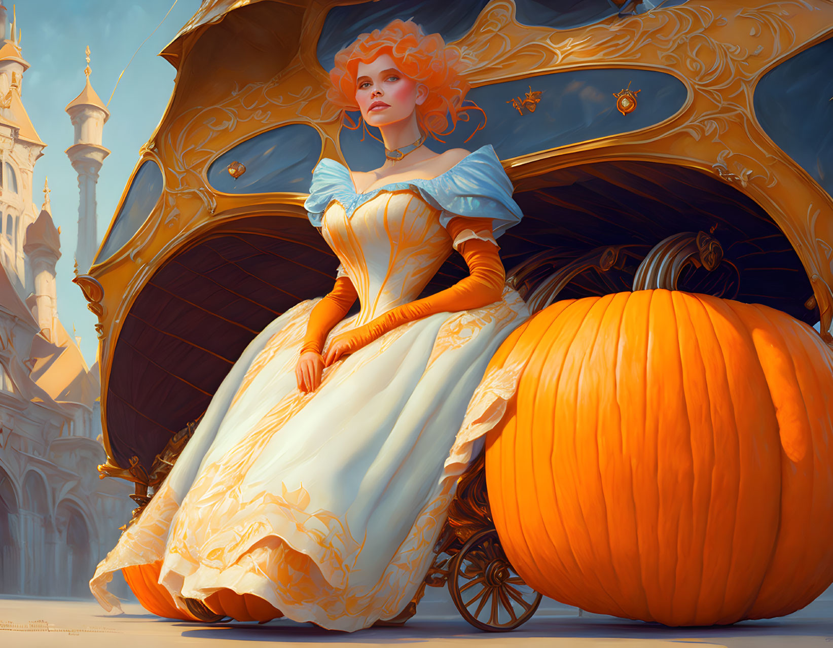 Woman in Yellow Ball Gown with Fantasy Pumpkin Carriage Illustration