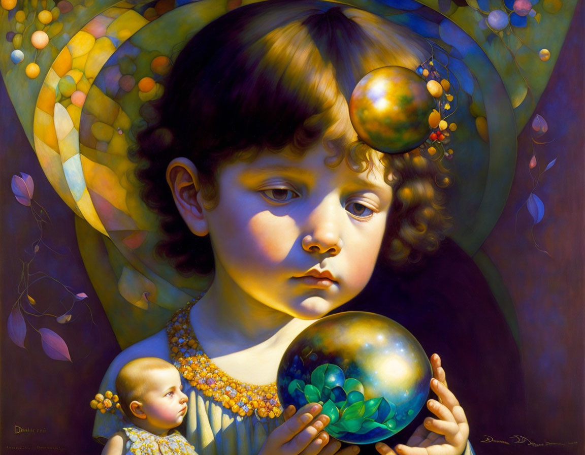 Colorful painting of child with crystal ball and celestial orbs