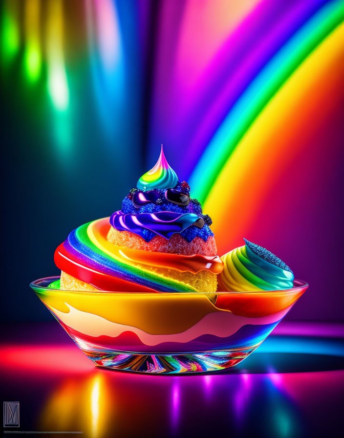 Colorful Rainbow Dessert Artwork on Neon Background