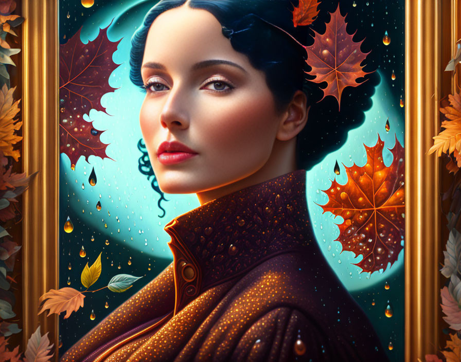 Illustrated portrait of woman with dark hair and pale skin in ornate frame with autumn leaves and sunset