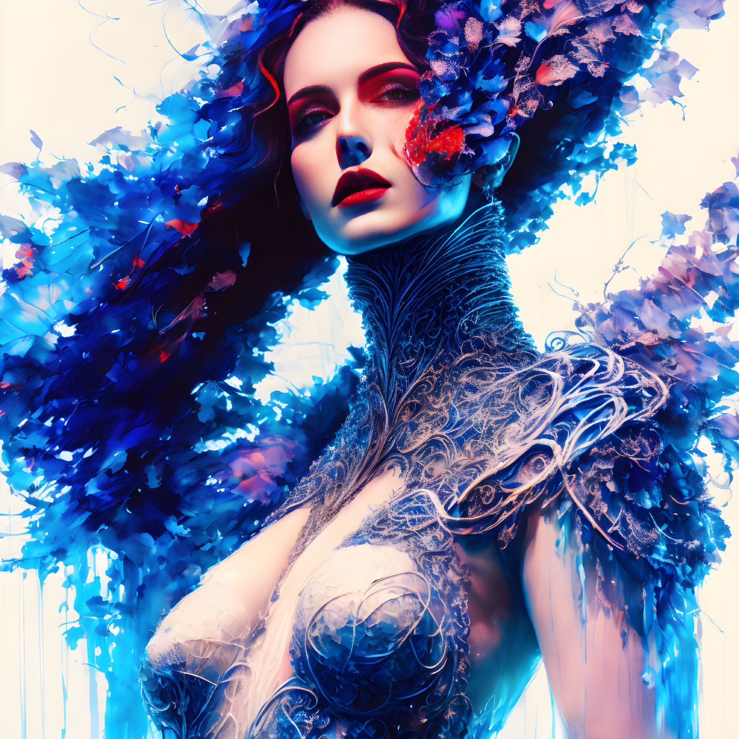 Surreal portrait of woman with blue floral and ornamental details