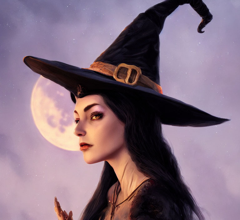 Digital artwork of witch with pointed hat under full moon