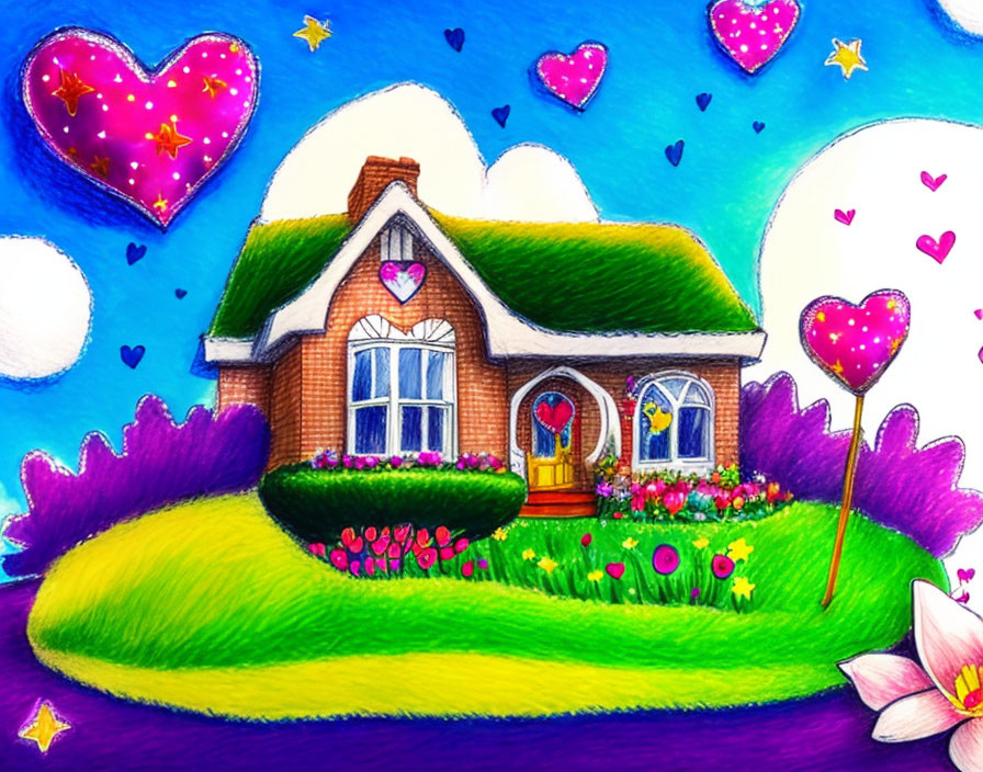 Whimsical house illustration with heart motifs and vibrant flowers