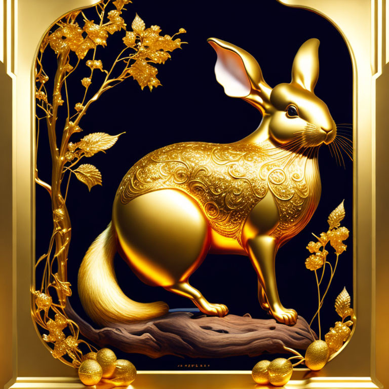 Intricate Golden Rabbit Sculpture with Gilded Flora on Dark Background