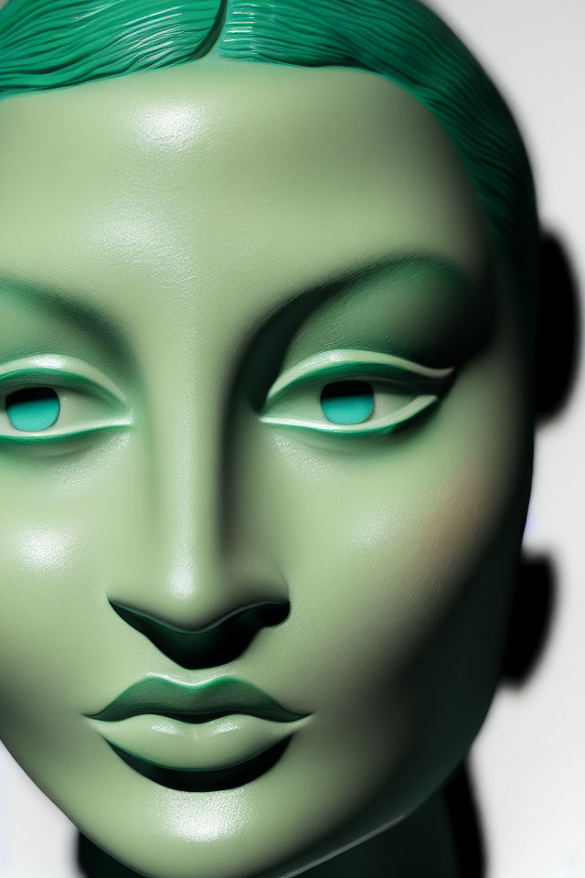 Detailed view of green, glossy mannequin face with prominent cheekbones