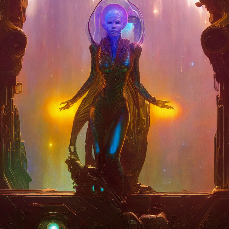 Glowing alien figure in futuristic setting with advanced technology