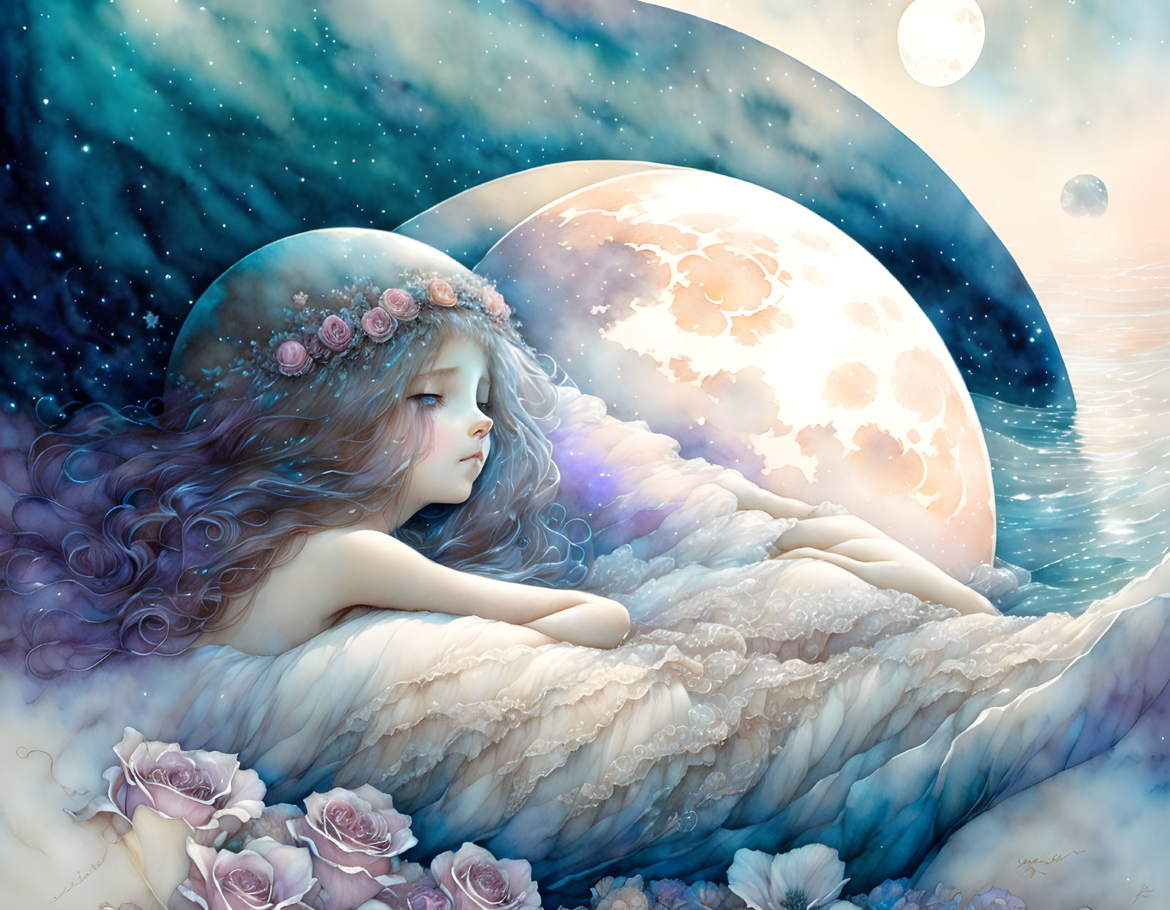 Surreal illustration of girl on clouds with floral adornments in cosmic setting