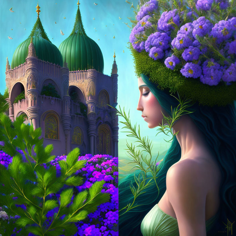 Split Image: Fantasy Palace with Green Domes and Woman with Flowered Hair against Blue Sky