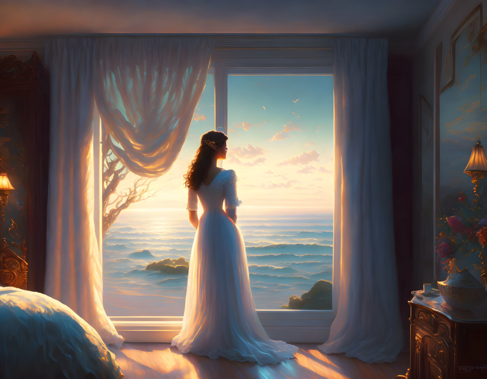 Woman in white dress by open window watching sunset over clouds