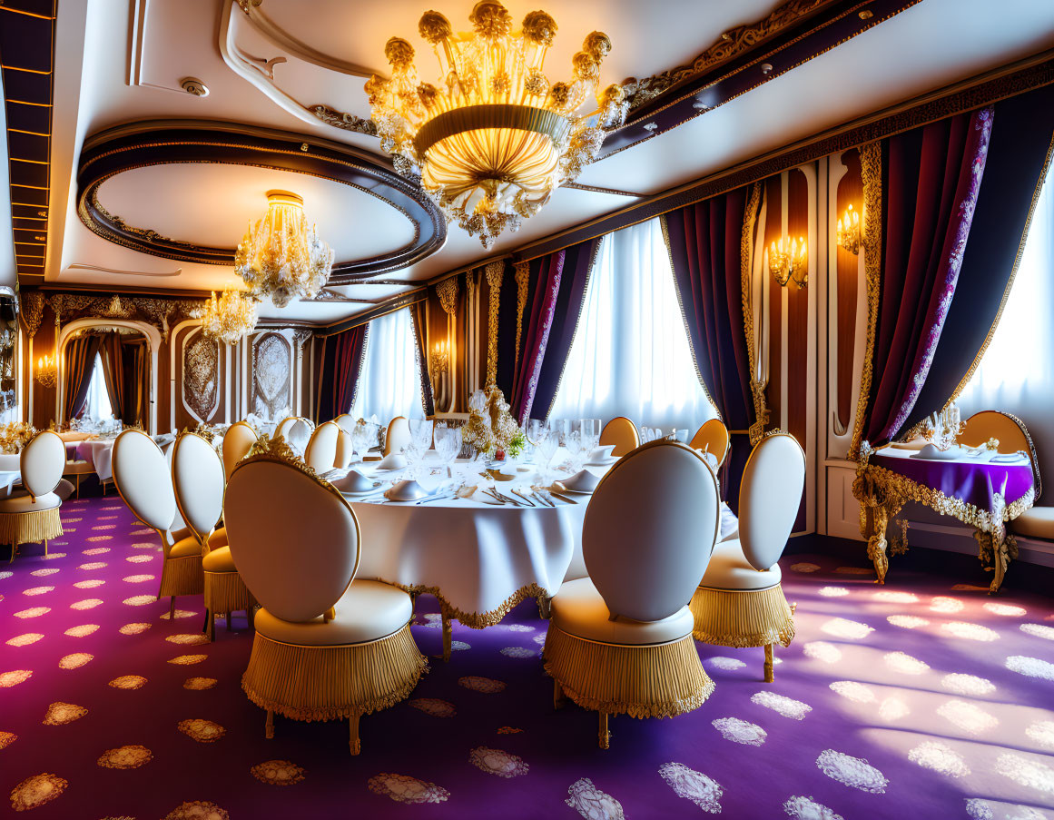 Luxurious Dining Room with Purple Carpet, Gold Accents, White Chairs, and Ornate Chandel