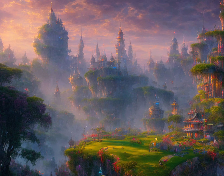 Floating islands, ornate towers, and gardens in golden mist at sunset