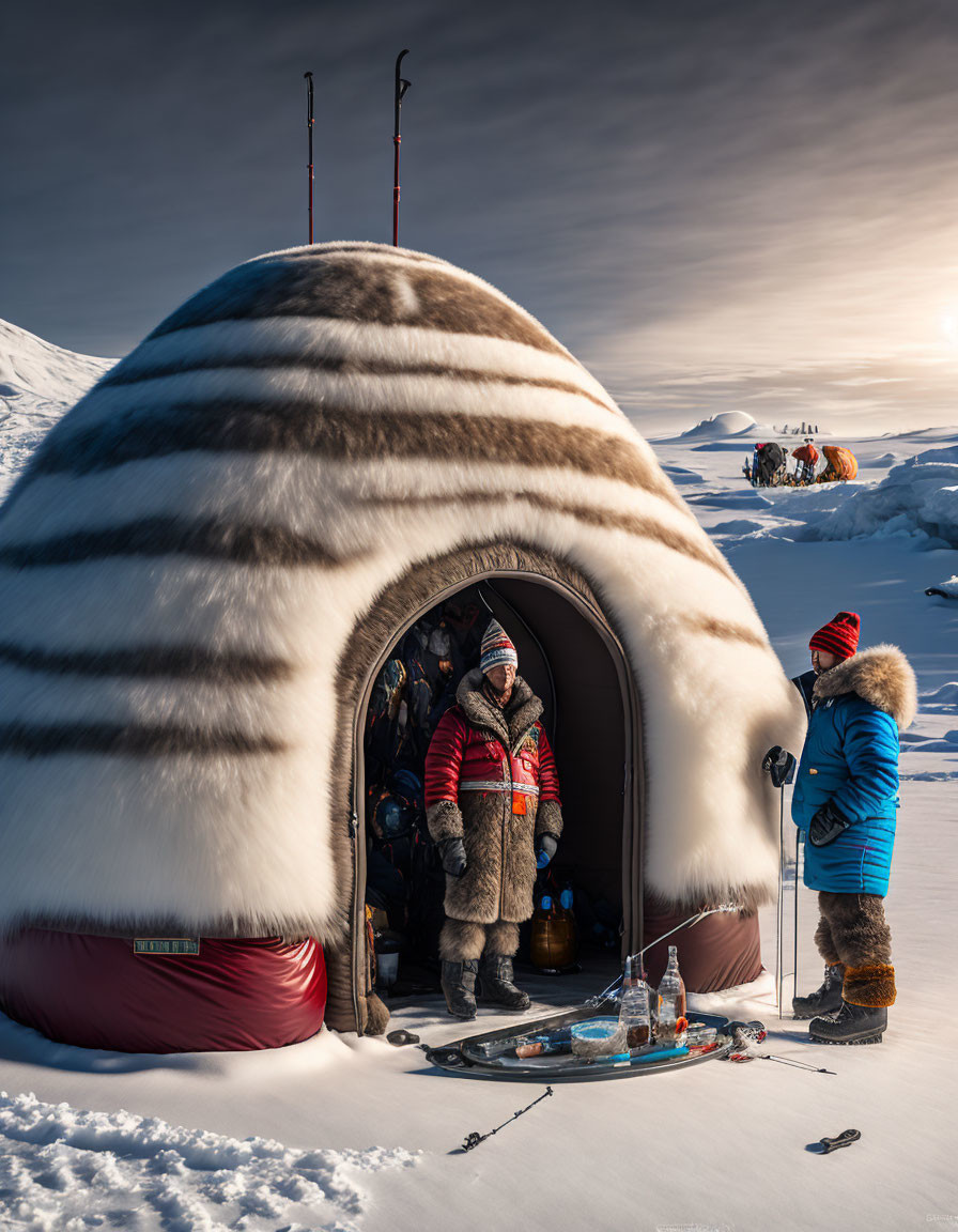 Traditional igloo with two people in winter clothing, snowy landscape.