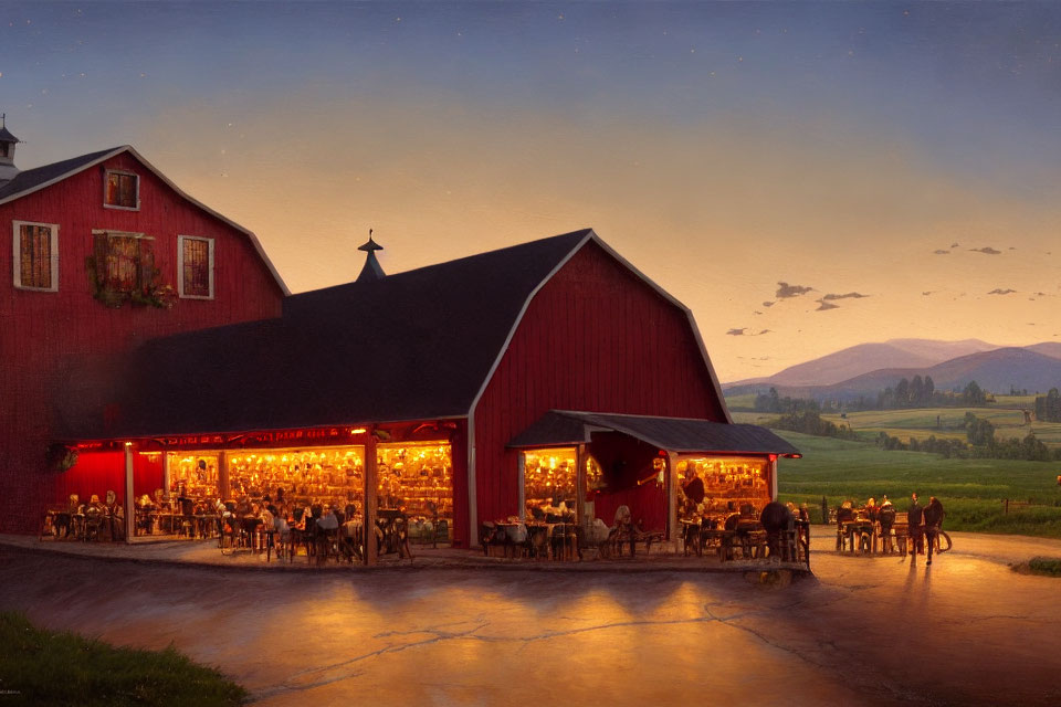 Rustic barn restaurant at dusk with diners enjoying patio and interior.