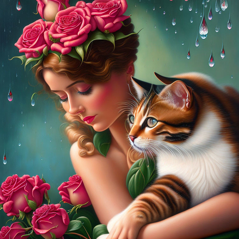 Woman with Roses in Hair, Cat on Shoulder, Surrounded by Raindrops on Green Background