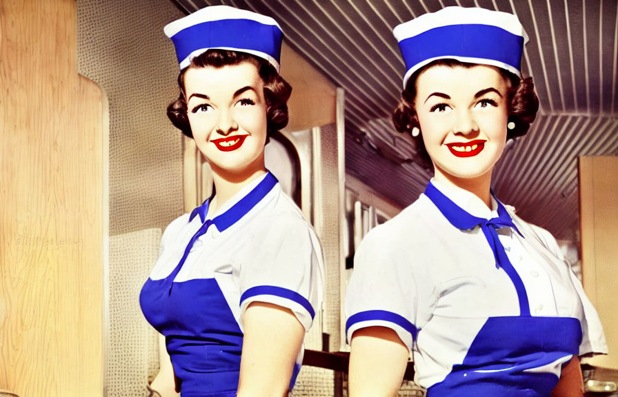 Vintage Flight Attendants in Airplane Cabin Uniforms.