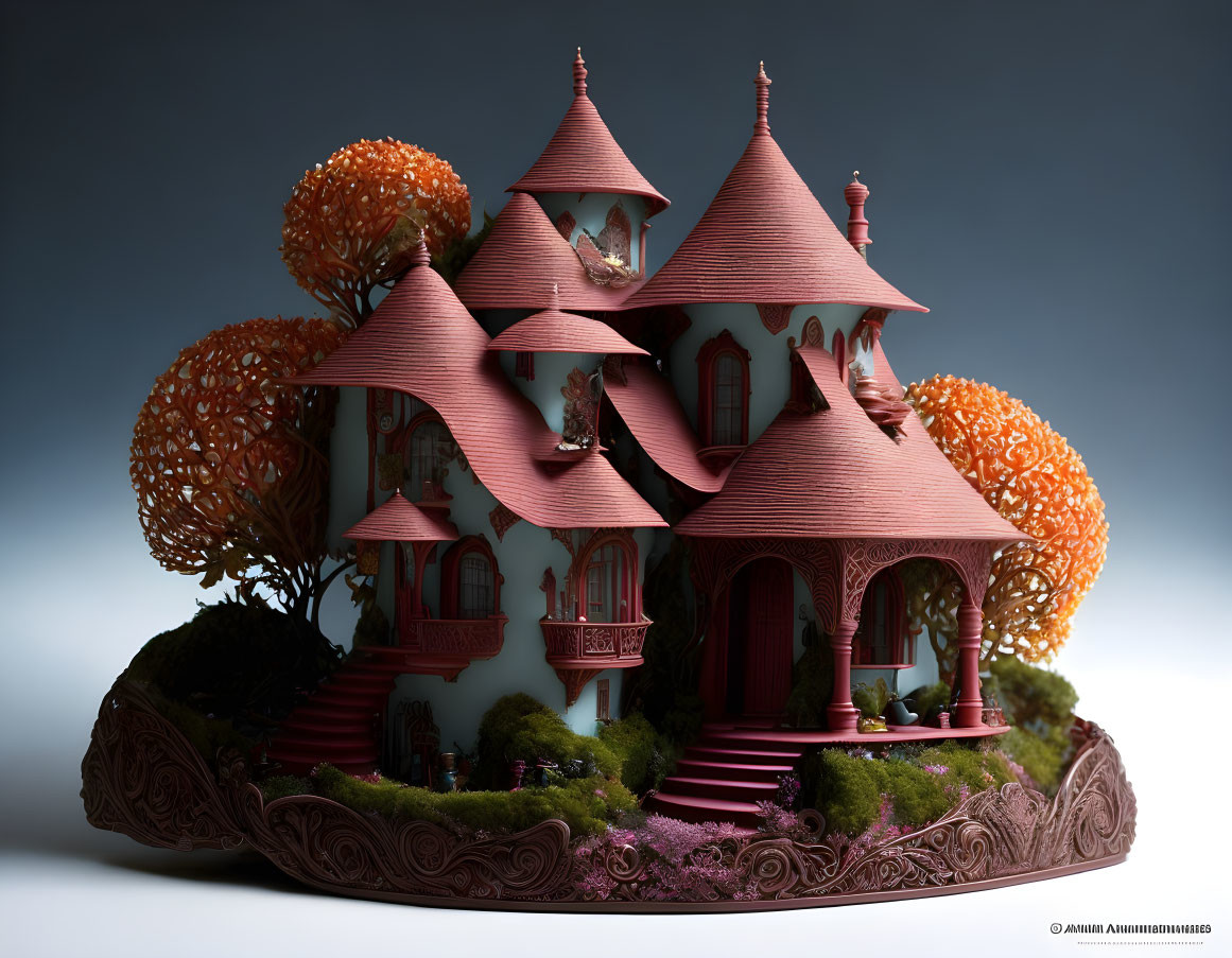 Miniature Fantasy Castle with Red Roofs and Orange Trees on Green Base