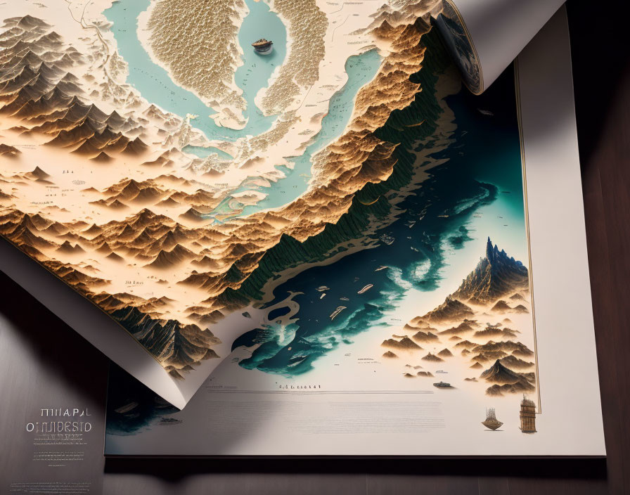 Three-dimensional topographic wall map with hills, mountains, and sea details