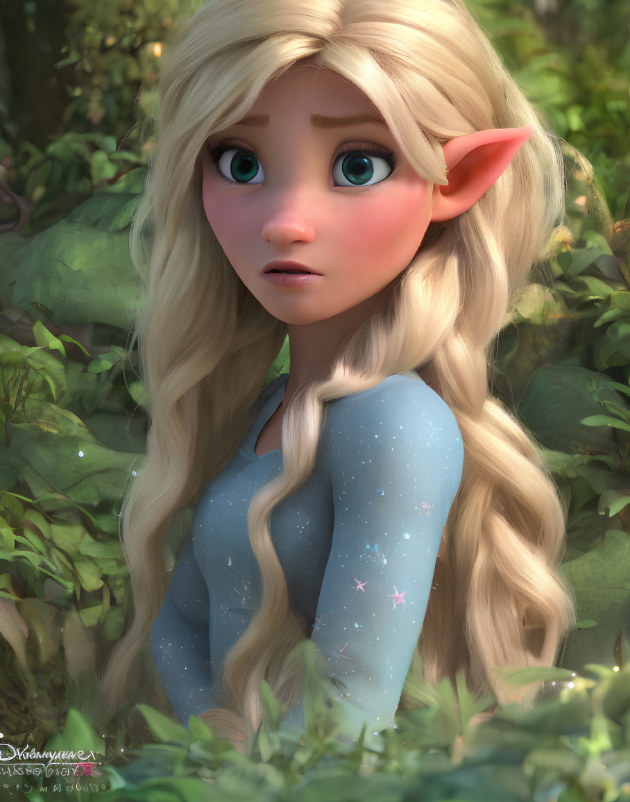 Blonde elfin character with braided hair and pointed ears in 3D illustration