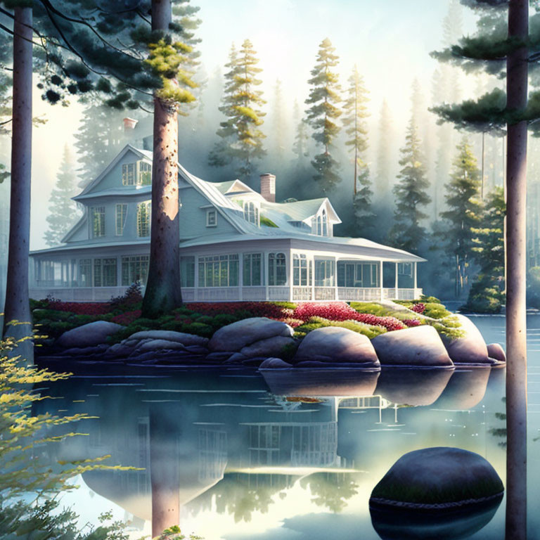 Tranquil white house by lake, trees, rocks - serene nature scene