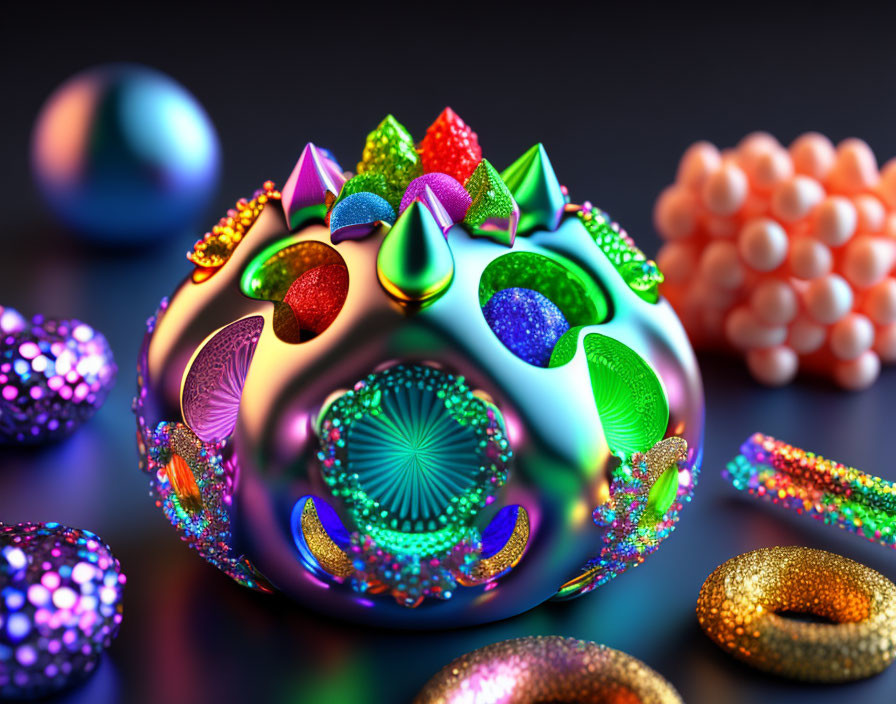Colorful Digital Art: Spherical Object with Intricate Orbs