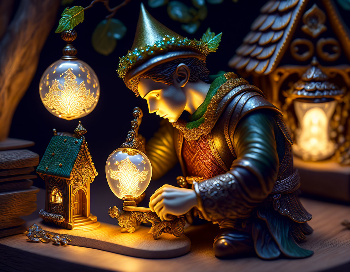 Fantasy scene: Elf figurine with glowing orb, books, treehouse, golden patterns