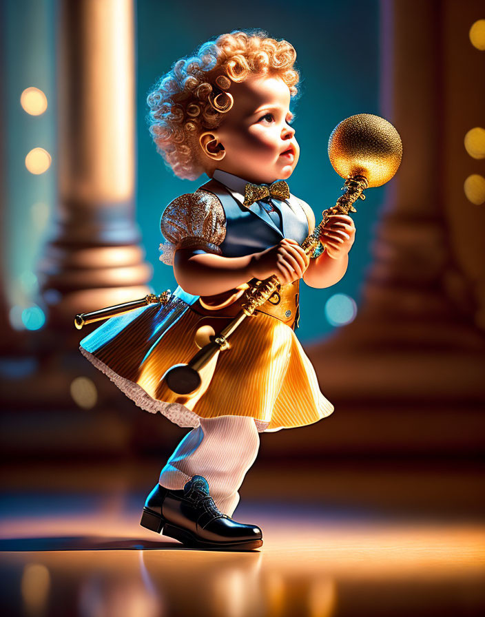 Curly-Haired Toddler in Vintage Outfit with Scepter in Grand Room