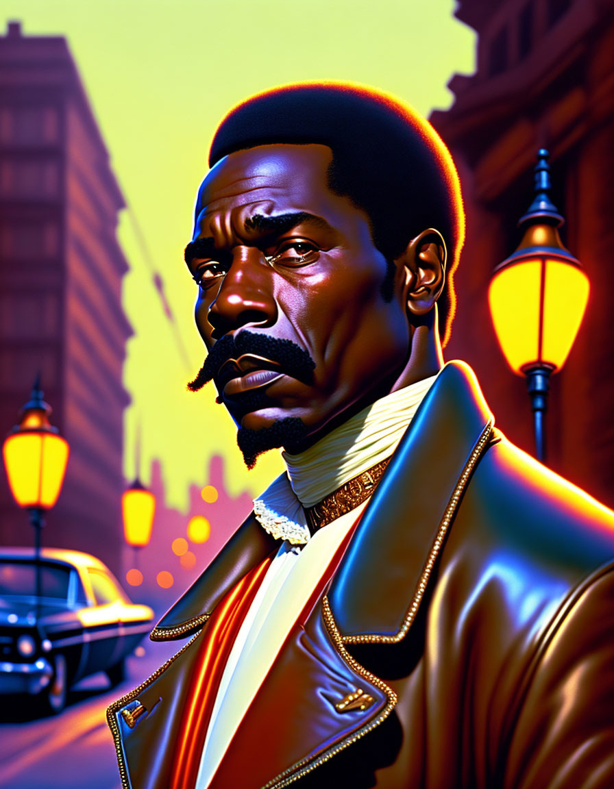 Stylized portrait of a man in leather jacket with vintage cars and street lamps.