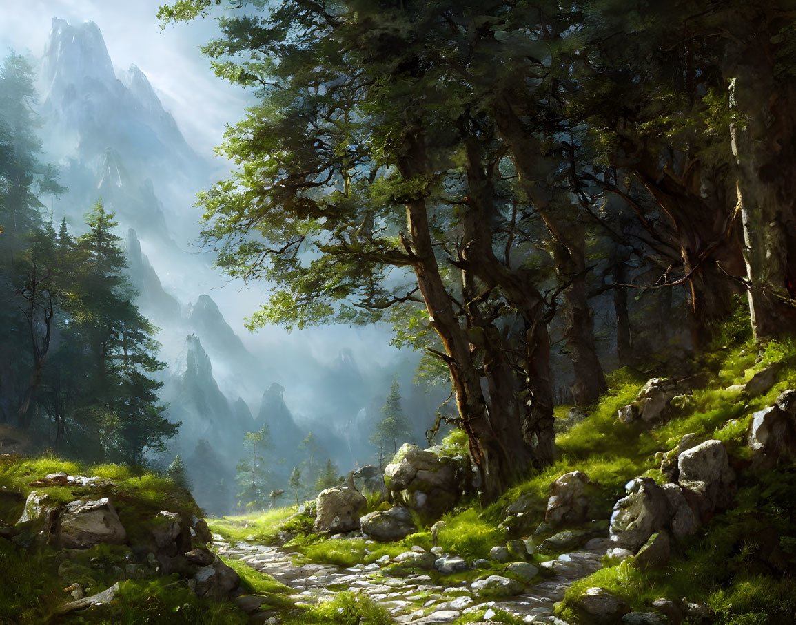 Sunlit Forest Trail with Misty Mountains Background