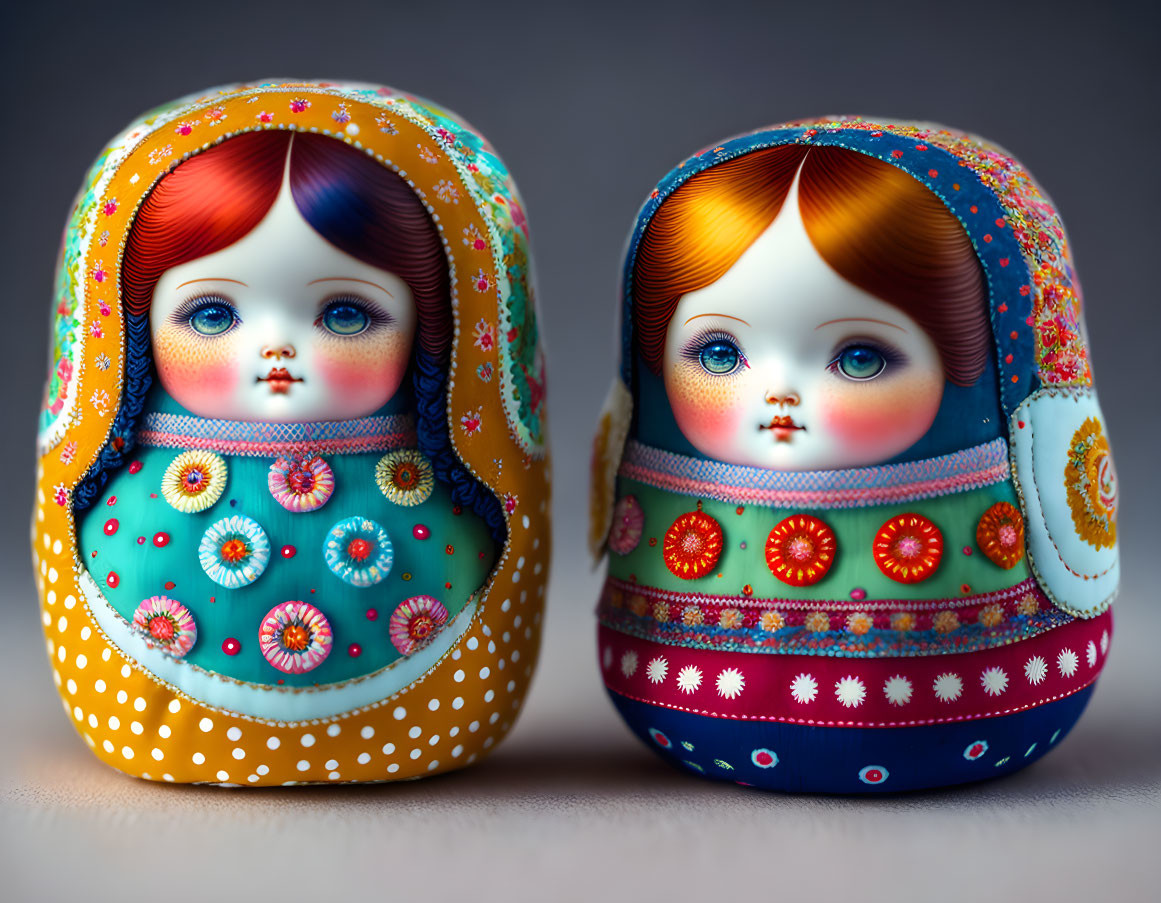 Colorful Matryoshka dolls with intricate floral patterns and large-eyed characters.