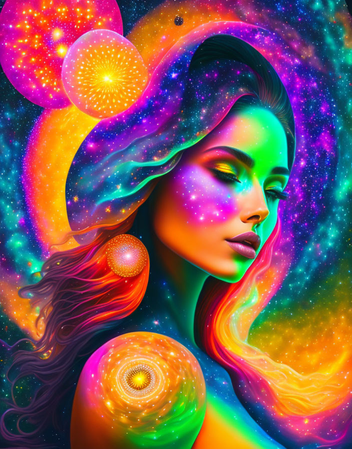 Colorful digital artwork: Woman with space and nebula patterns, glowing orbs, stars