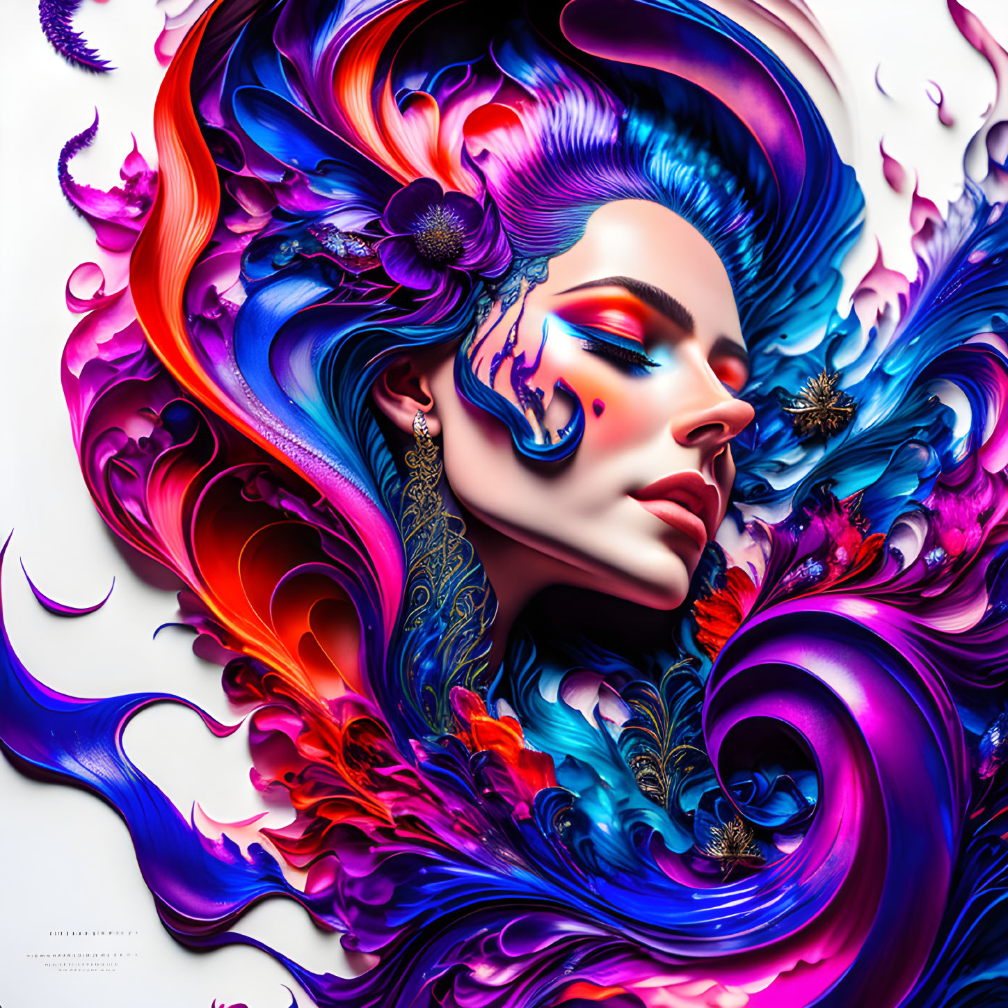 Colorful digital artwork of a woman with flowing hair and feathers in blue, purple, and pink