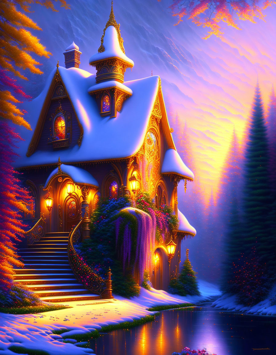 Snowy Fantasy Cottage by Serene Lake at Twilight