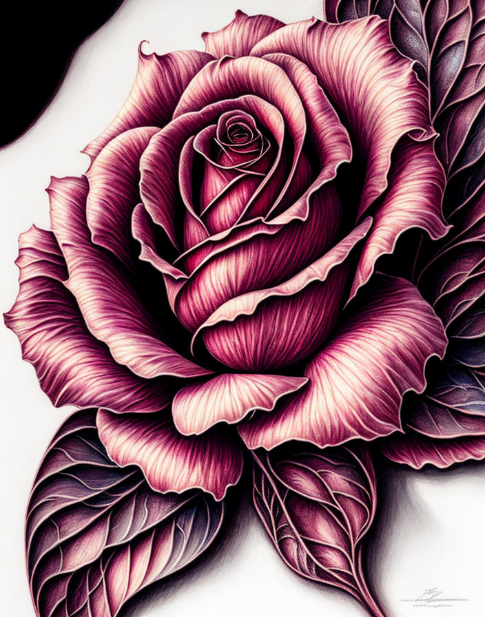 Detailed Drawing of Realistic Rose in Deep Purple and Pink Hues