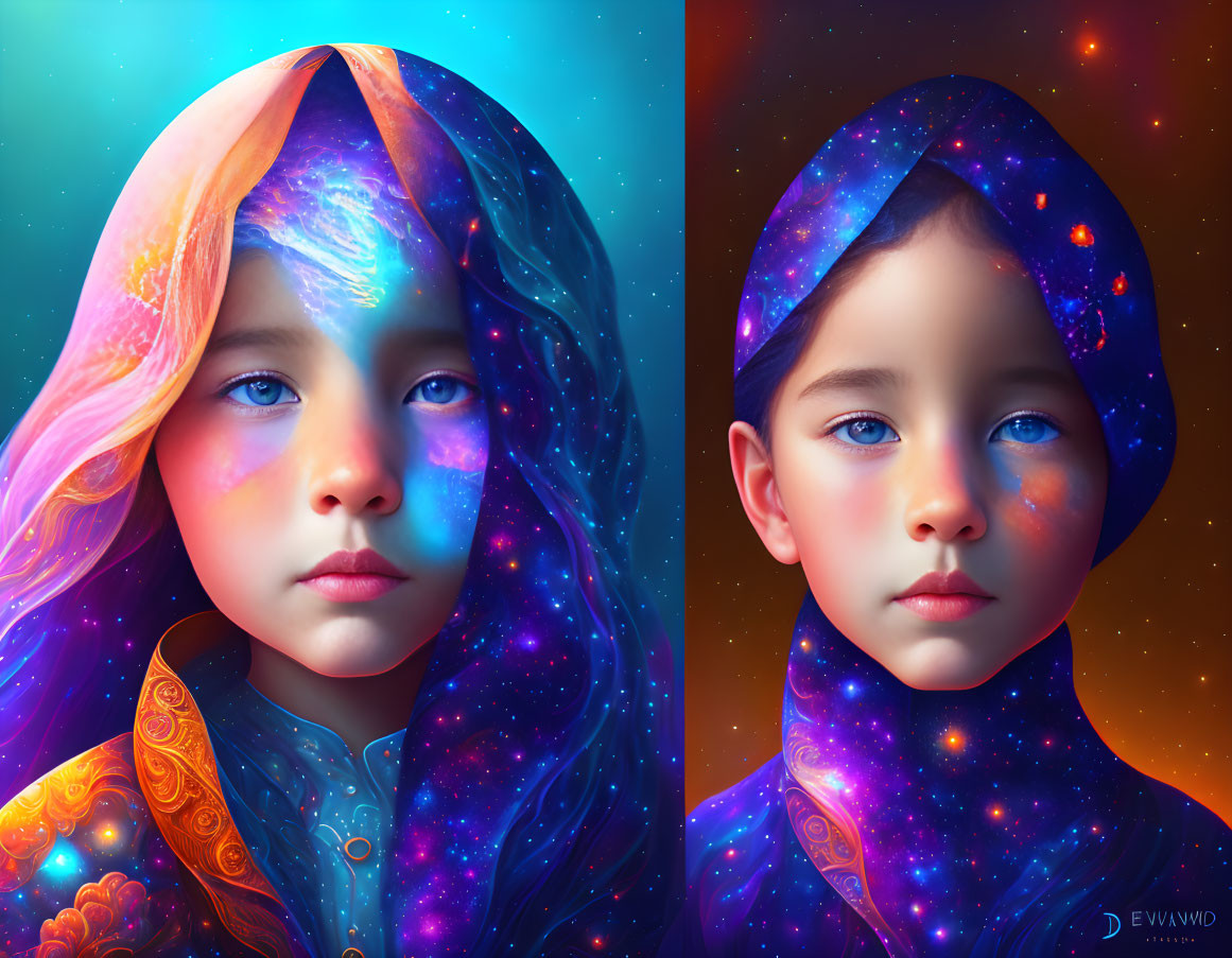 Child's cosmic-themed digital art with space colors and mystical aura