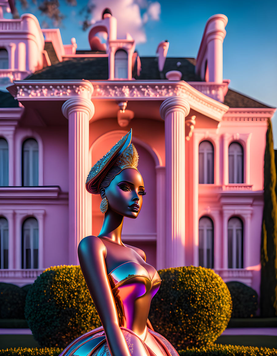 Stylized female figure in futuristic metallic dress at pink mansion.