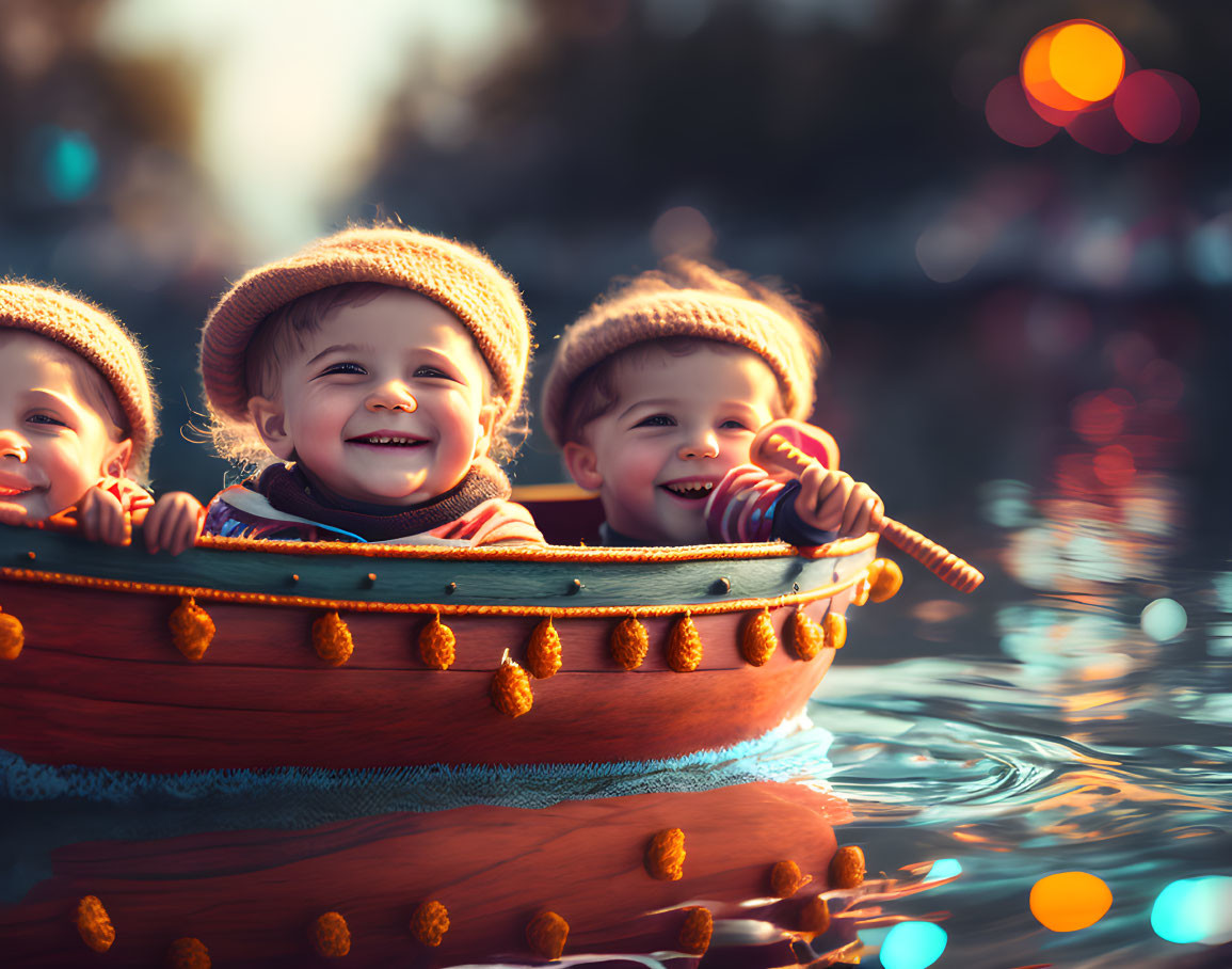 Three children playing in wooden toy boat with colorful lights