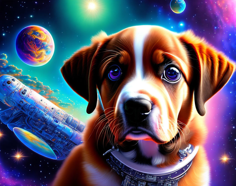 Colorful Digital Art: Dog with Space Collar in Cosmic Scene