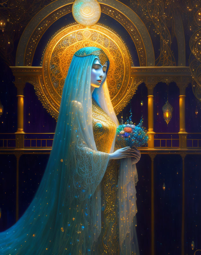 Blue-skinned woman in ornate hall with golden accents and starry veil holding bouquet