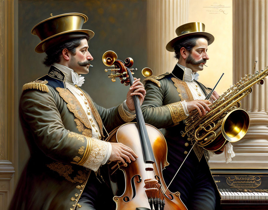 Elegant 19th-Century Outfits Playing Cello and Saxophone in Grand Room