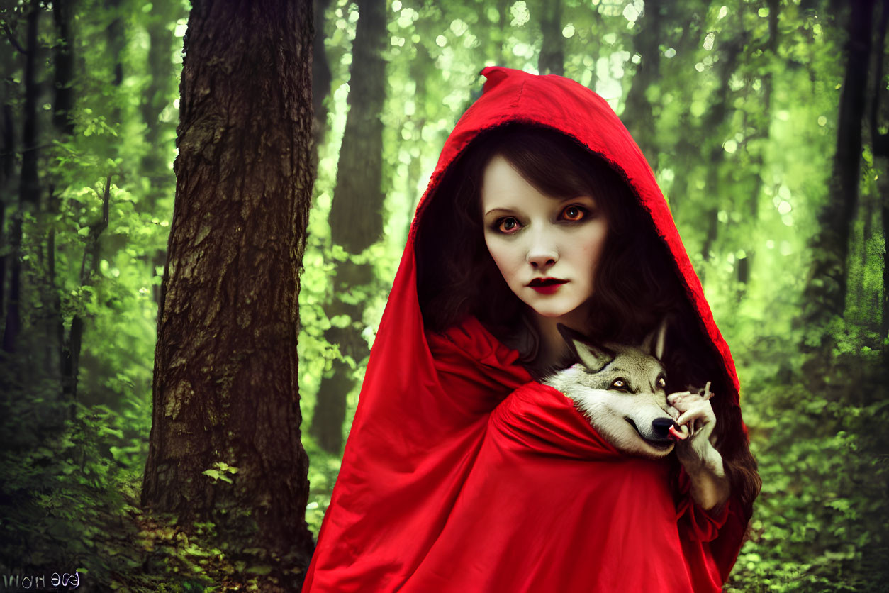 Woman in Little Red Riding Hood costume with small dog in green forest