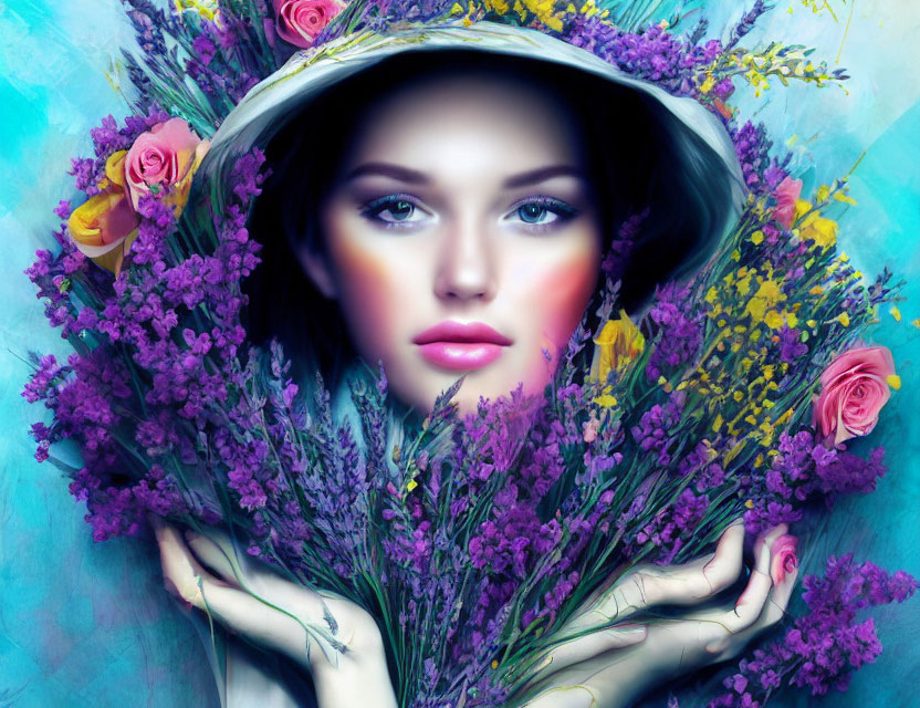 Woman in hat surrounded by vibrant flowers in soft-focus effect